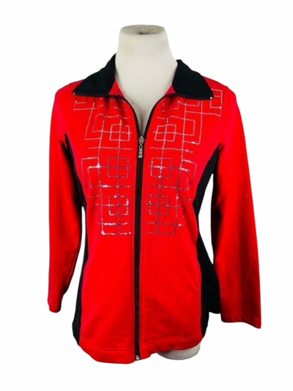 10/$25🦋 Three Hearts Red & Silver Sequin Zip-Front Sweater - Size Small